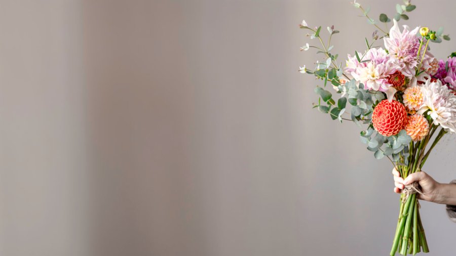 A woman holds in her hand a festive flower arrangement with bright chrysanthemum flowers, a festive bouquet. Web, social media banner template. Copy space.